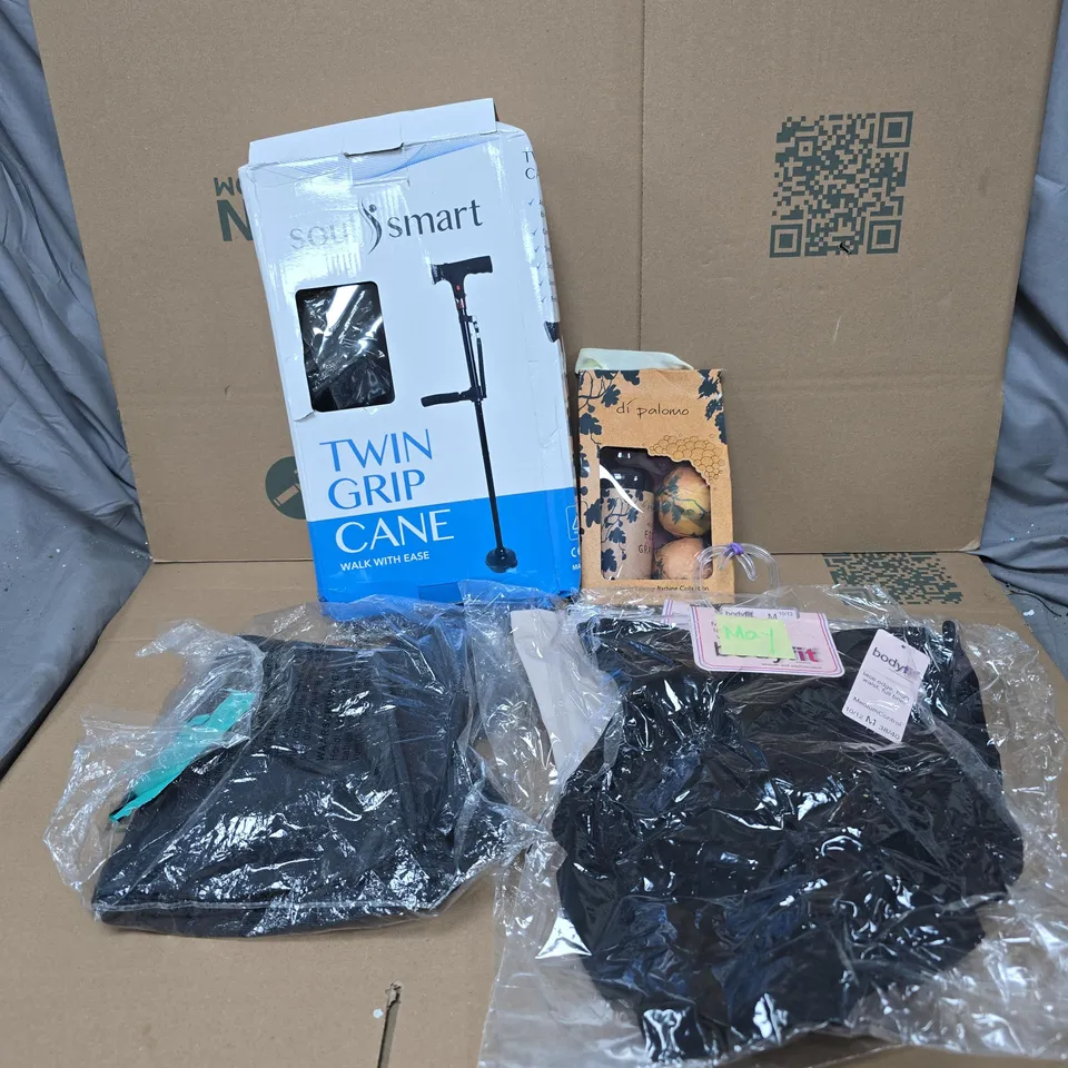 BOX OF APPROXIMATELY 15 ASSORTED HOUSEHOLD ITEMS TO INCLUDE SOUL SMART TWIN GRIP CANE, DI PALOMO BATHING COLLECTION, HIGH WAIST FULL BRIEF ETC