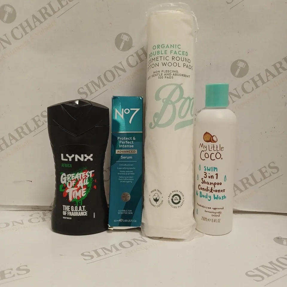 BOX OF APPROX 18 ASSORTED BEAUTY PRODUCTS TO INCLUDE LYNX AFRICA SHOWER GEL, NO.7 ADVANCED SERUM, MU LITTLE COCO 3 IN 1, ETC. 