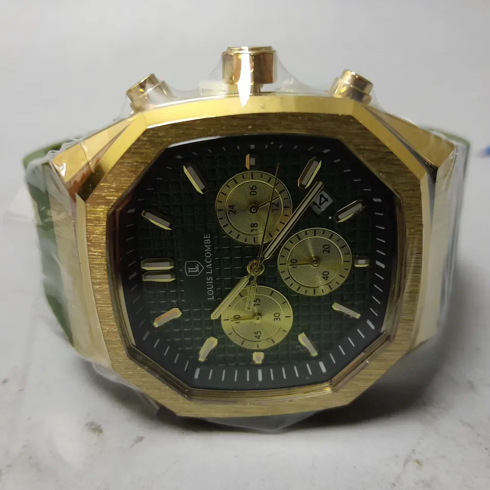 MENS LOUIS LACOMBE CHRONGRAPH WATCH – 3 SUB DIALS – GOLD COLOUR CASE – GREEN RUBBER STRAP