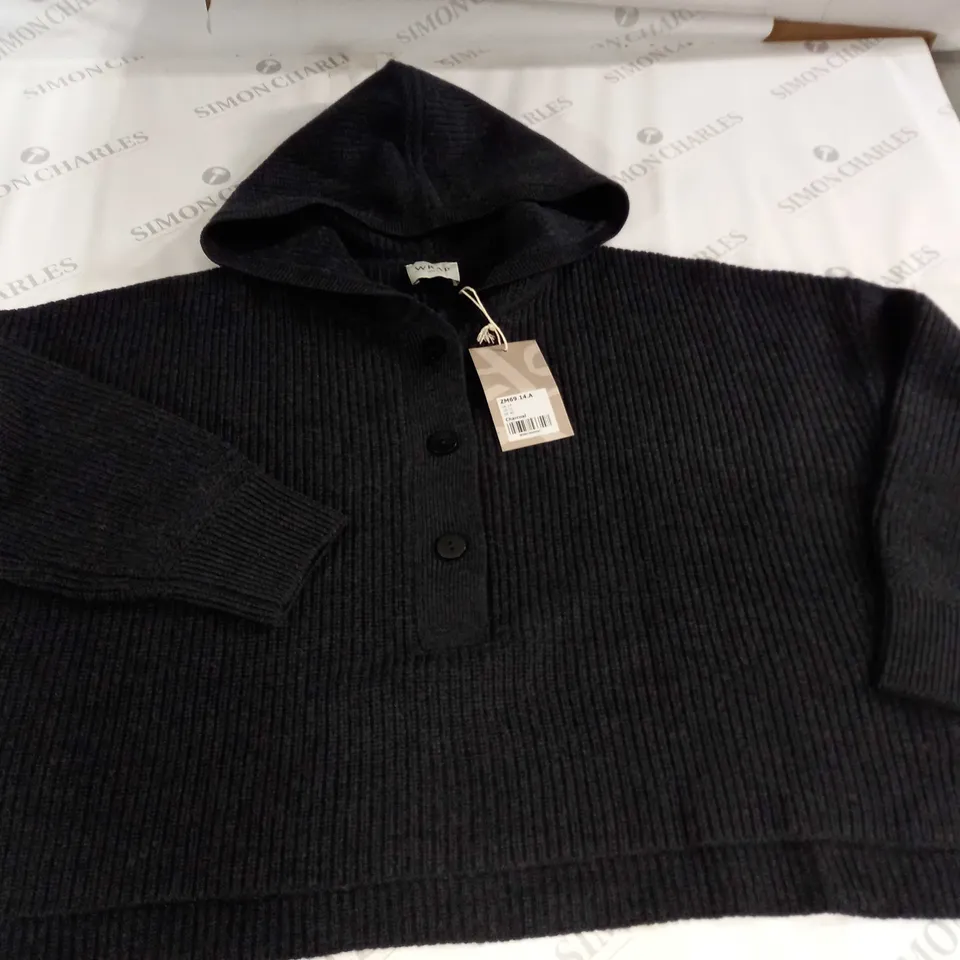 WRAP BUTTON DETAIL CHARCOAL CROPPED HOODIE - UK1 4