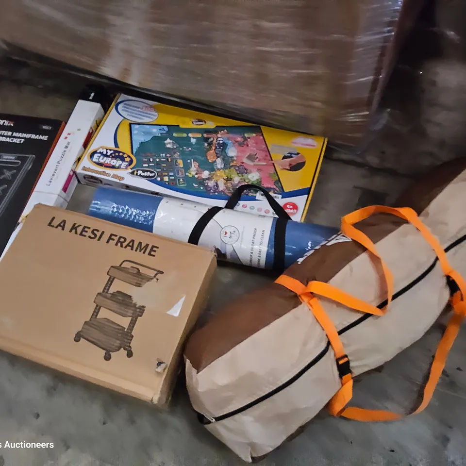 PALLET OF ASSORTED ITEMS TO INCLUDE, BALLOON DECIRATING PACK, TV WALL MOUNT, STORAGE TROLLEY, TENT, PUZZLE MAT, COMPUTER MAIN FRAME BRACKET, EXCERCUSE MAT.