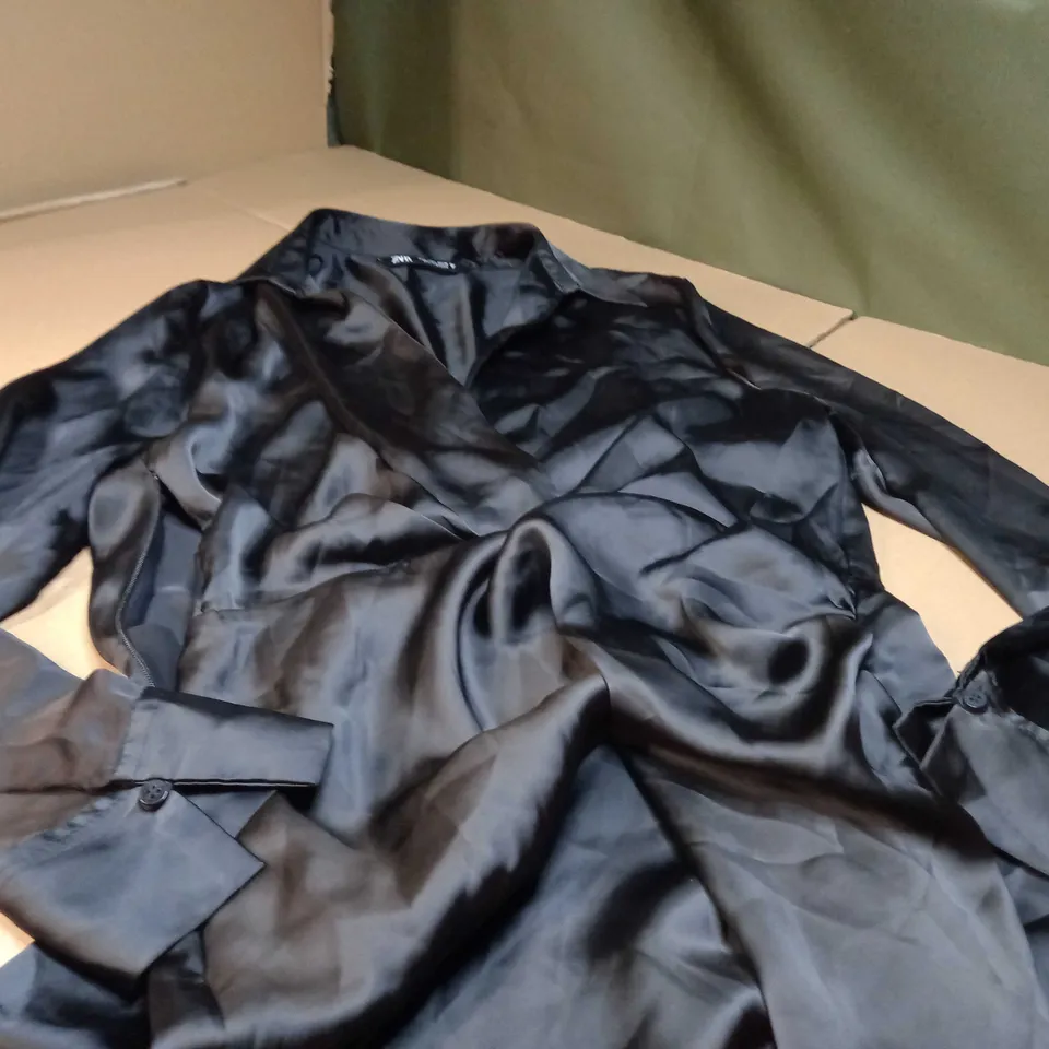 ZARA BLACK SATIN SHIRT DRESS - LARGE