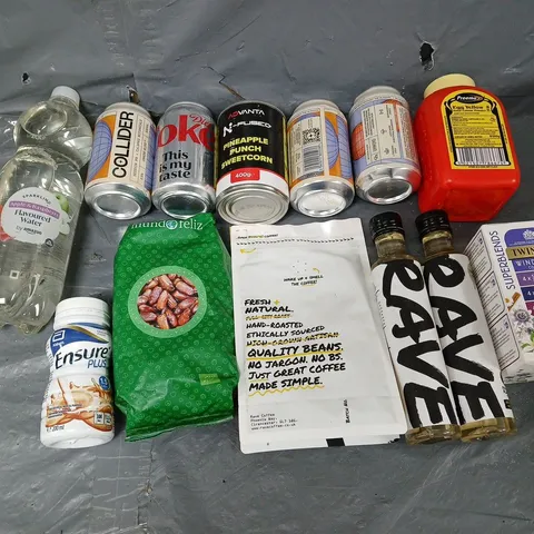 APPROXIMATELY 8 ASSORTED FOOD & DRINK ITEMS TO INCLUDE - RAVE COFFEE, RAVE SYRUPS, AND DATES ETC.