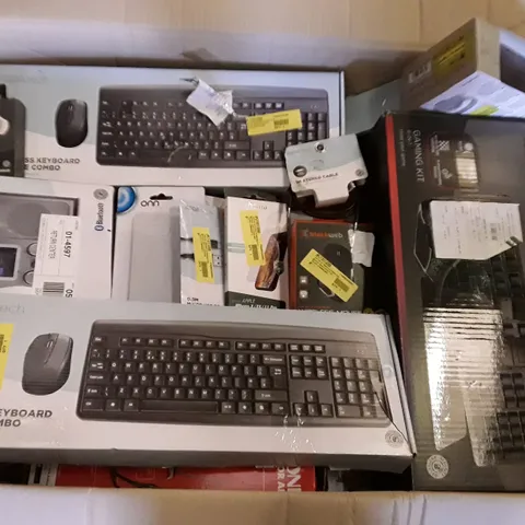 BOX OF ASSORTED ELECTRONIC PRODUCTS INCLUDING WIRELESS KEYBOARDS, BLUETOOTH RADIOS, EAR BUDS, UNIVERSAL REMOTE, STEREO CABLE