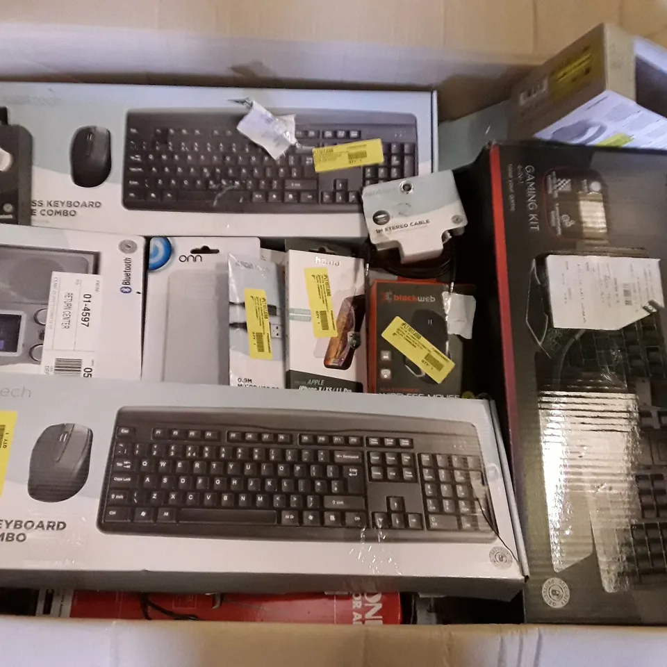 BOX OF ASSORTED ELECTRONIC PRODUCTS INCLUDING WIRELESS KEYBOARDS, BLUETOOTH RADIOS, EAR BUDS, UNIVERSAL REMOTE, STEREO CABLE