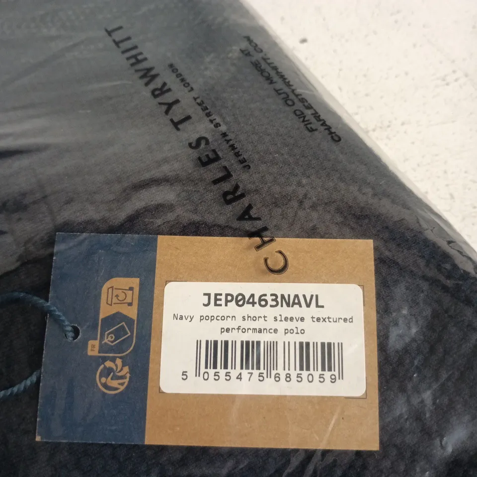 CHARLES TYRWHITT NAVY POPCORN SHORT SLEEVE TEXTURED PERFORMANCE POLO – LARGE