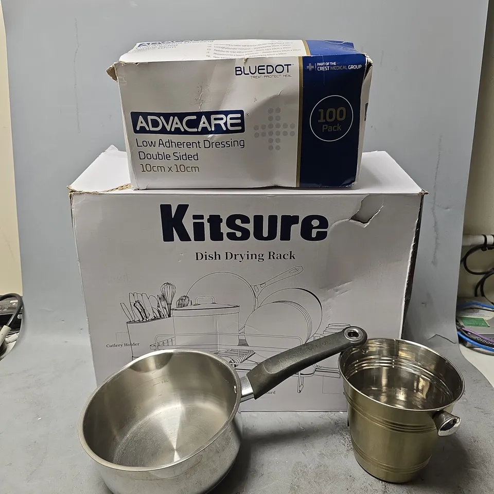 PALLET OF APPROXIMATELY 22 ASSORTED BROKEN ITEMS TO INCLUDE - METAL ICE BUCKET , KITSURE DISH DRYING RACK , BLUEDOT ADVACARE LOW ADHERENT DRESSING ETC - COLLECTION ONLY