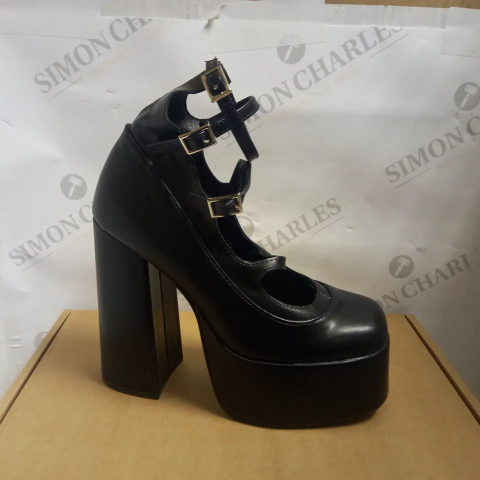 KOI VEGAN GURREN STRAPPY BLACK PLATFORM HEELS - SIZE 4