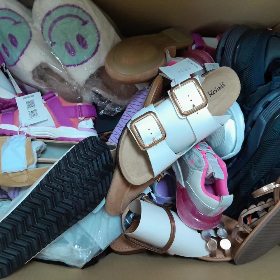 BOX OF APPROXIMATELY 15 ASSORTED PAIRS OF SHOES AND FOOTWEAR ITEMS IN VARIOUS STYLES AND SIZES TO INCLUDE CLARKS, BURBERRY, H&M, ETC