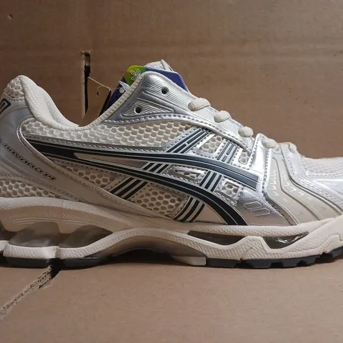 PAIR OF ASICS TRAINERS IN CREAM/SILVER/DEEP FOREST SIZE UK 8.5