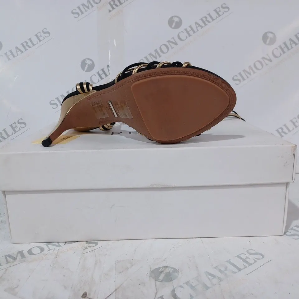BOXED PAIR OF REISS CASSIDY STRAPPY HEELS IN BLACK/GOLD UK SIZE 4