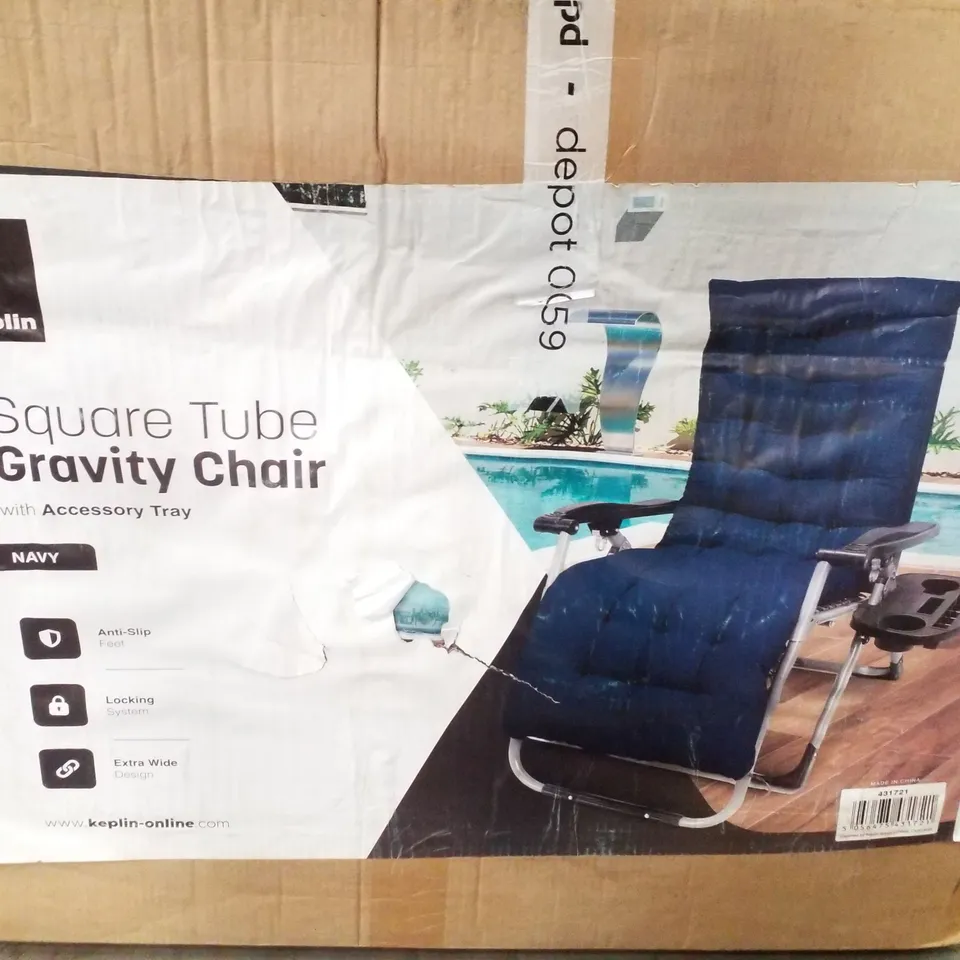 BOXED KEPLIN SQUARE TUBE GRAVITY CHAIR WITH ACCESSORY TRAY - NAVY