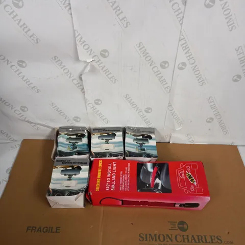 LOT OF ASSORTED ITEMS TO INCLUDE STEERING WHEEL LOCK AND REAR VIEW MIRROR MOUNT