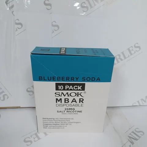 BOX OF APPROXIMATELY 10 BOXES OF BLUEBERRY SODA 10 PACK SMOK M BAR DISPOSABLE 20MG SALT NICOTINE