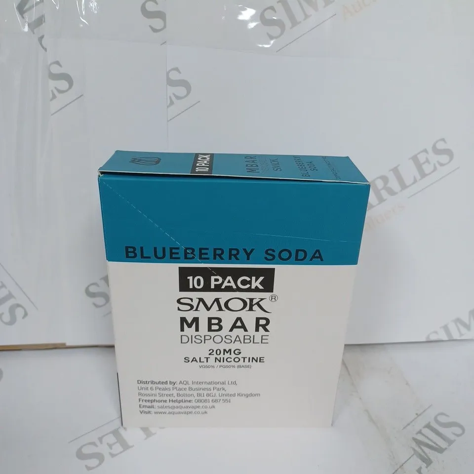 BOX OF APPROXIMATELY 10 BOXES OF BLUEBERRY SODA 10 PACK SMOK M BAR DISPOSABLE 20MG SALT NICOTINE