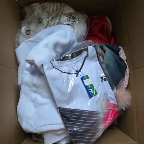 LARGE BOX OF ASSORTED CLOTHING ITEMS IN VARIOUS SIZES, STYLES AND COLOUR