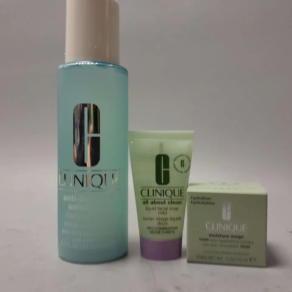 3 ASSORTED CLINIQUE PRODUCTS TO INCLUDE ANTI-BLEMISH SOLUTION (200ml), MOISTURE SURGE HYDRATOR (15ml), LIQUID FACIAL SOAP MILD (30ml0, ETC