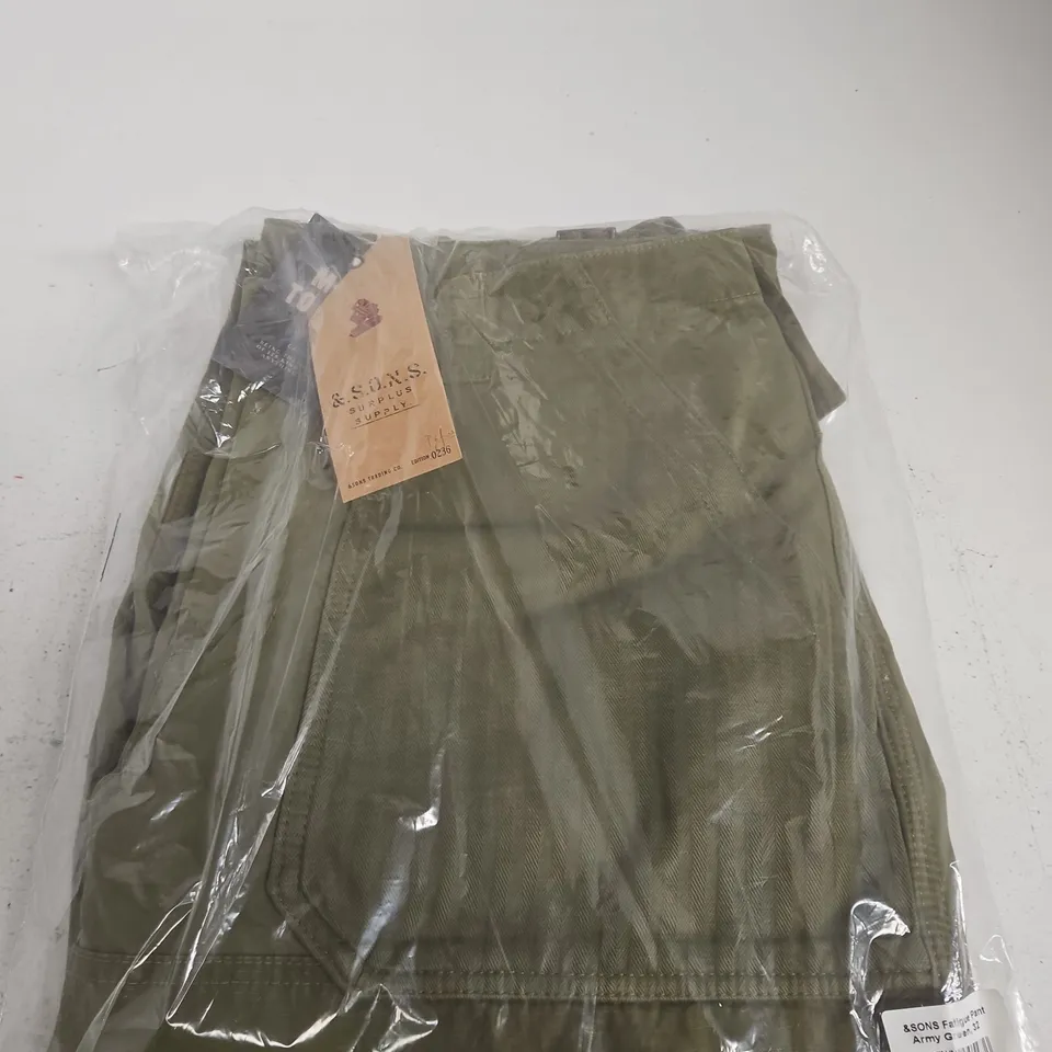 &SONS FATIGUE PANTS ARMY GREEN, SIZE 32