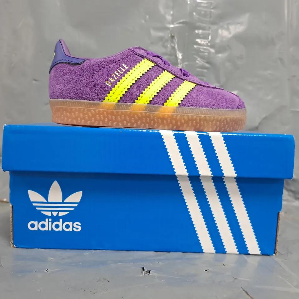 BOXED PAIR OF ADIDAS GAZELLE INFANT SHOES IN PURPLE/LIME SIZE UK 5