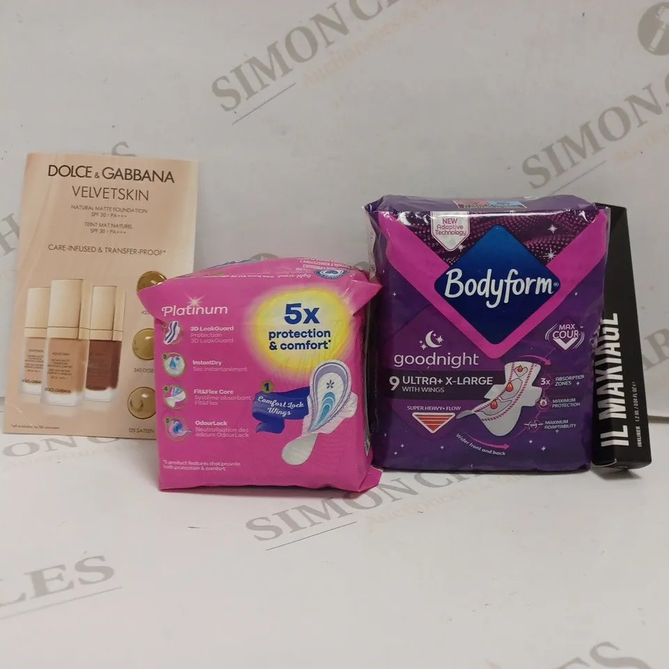 BOX OF APPROX 20 ASSORTED BEAUTY PRODUCTS TO INCLUDE DOLCE AND GABBANA VELVET SKIN FOUNDATION, BODY FORM GOODNIGHT XL, IL MAKIAGE INKLINER, ETC. 