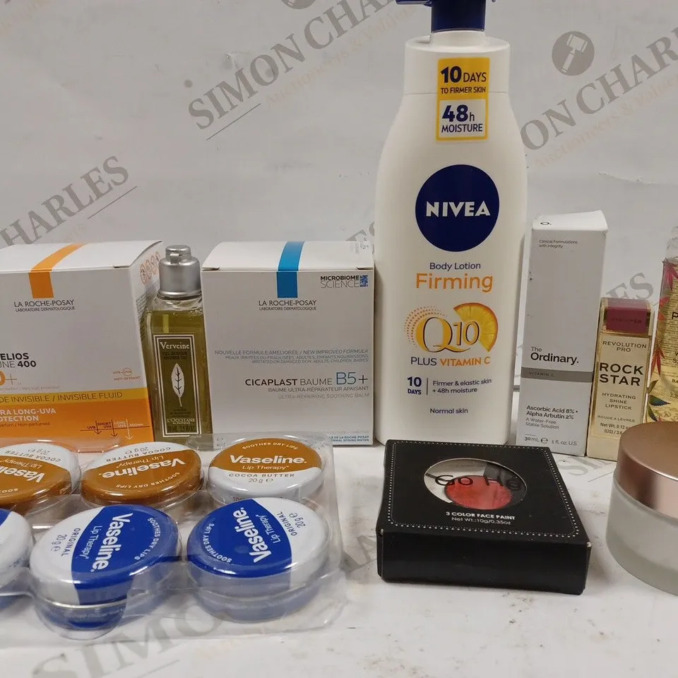 BOX OF APPROX 10 ASSORTED BEAUTY PRODUCTS TO INCLUDE L'OCCITANE SHOWER GEL, NIVEA BODY LOTION, VASELINE LIP THERAPY, ETC 