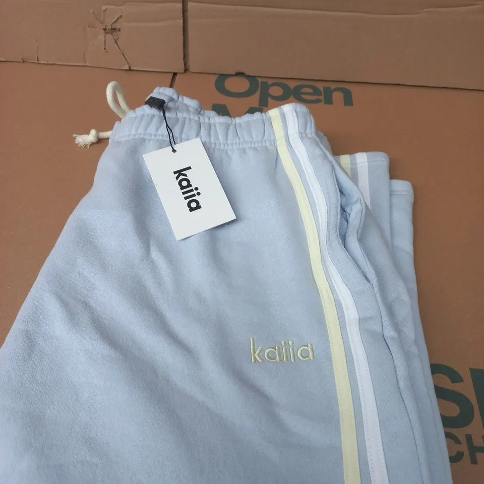 KAÏLA SIDE STRIPE WIDE LEG JOGGERS – DUSTY BLUE & LEMON, UK 14