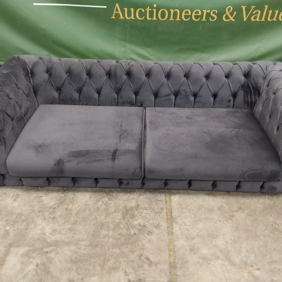 QUALITY DESIGNER 3 SEATER DEEP BUTTONED MIDNIGHT BLUE PLUSH FABRIC SOFA
