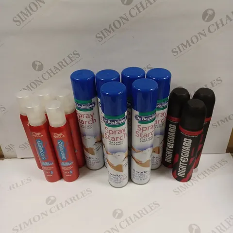BOX OF APPROXIMATELY 14 ASSORTED AEROSOL PRODUCTS TO INCLUDE RIGHT GUARD ANTI-PERSPIRANT, SPRAY STARCH, WELLA SHOCKWAVES ETC - COLLECTION ONLY 