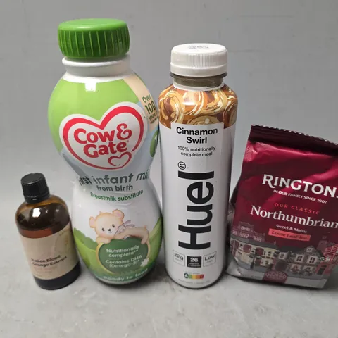 APPROXIMATELY 7 ASSORTED FOOD & DRINK ITEMS TO INCLUDE - COW & GATE INFANT MILK , HUEL CINNAMON SWIRL ETC