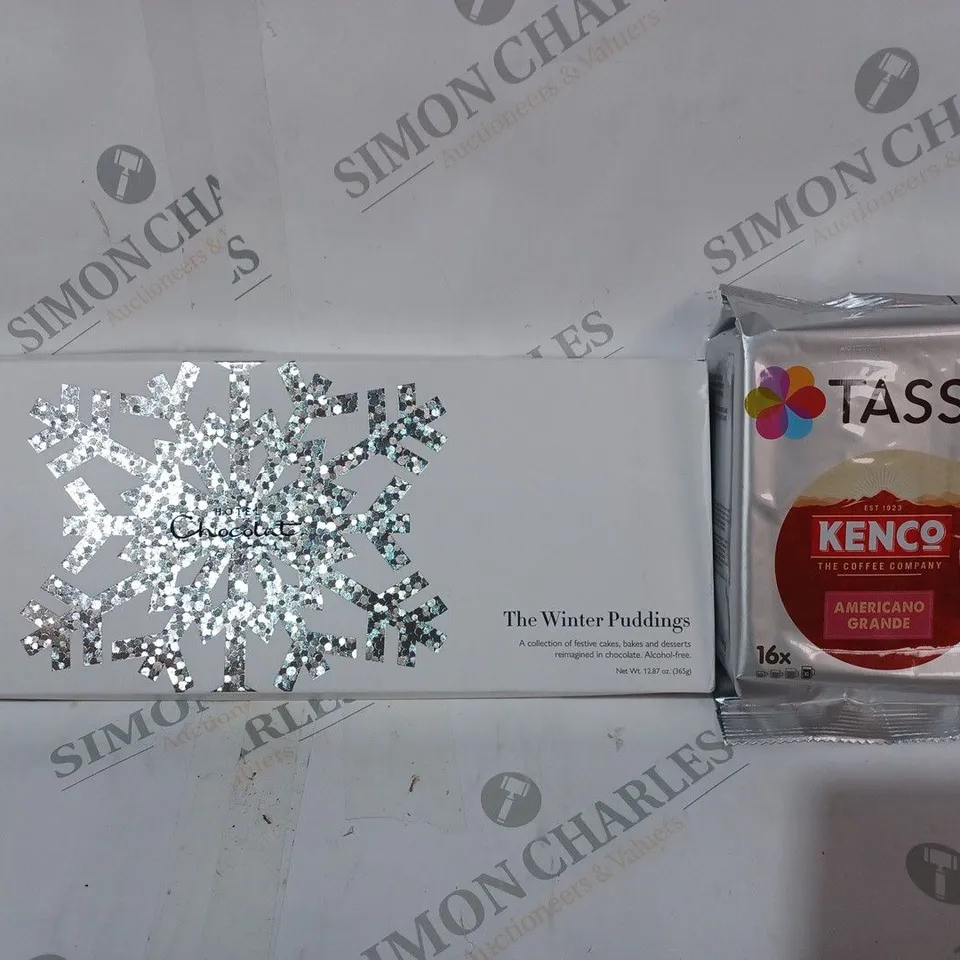 BOX OF 4 ASSORTED FOOD ITEMS TO INCLUDE TASSIMO KENCO AMERICANO GRANDE MULTIPACK, AND HOTEL CHOCOLAT THE WINTER PUDDINGS COLLECTION