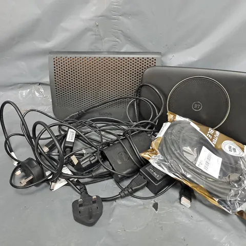APPROXIMATELY 5 ASSORTED HOUSEHOLD ITEMS TO INCLUDE ROUTERS, CABLES, ETC