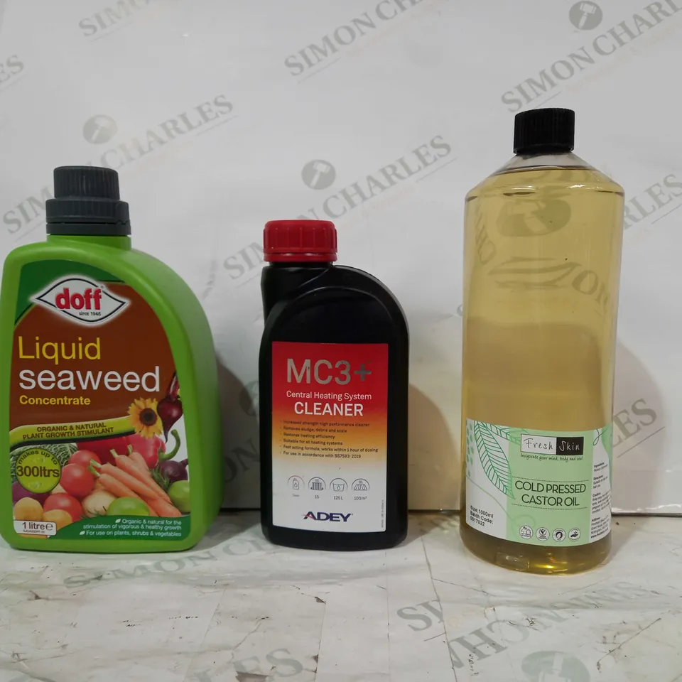 LOT OF APPROXIMATELY 10 ASSORTED HOUSEHOLD ITEMS TO INCLUDE COLD PRESSED CASTOR OIL, MC3+ CLEANER, DOFF LIQUID SEAWEED CONCENTRATE, ETC