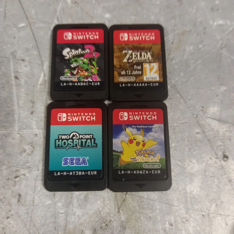 FOUR ASSORTED UNBOXED NINTENDO SWITCH GAMES TO INCLUDE; SPLATOON 2, ZELDA BREATH OF THE WILD, POKEMON LETS GO PIKACHU AND SEGA TWO POINT HOSPITAL