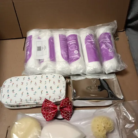 APPROXIMATELY 10 HEALTH AND BEAUTY PRODUCTS TO INCLUDE COSMETIC PADS, RED GLITTER HAIR BOW AND BABY BATH SPONGES