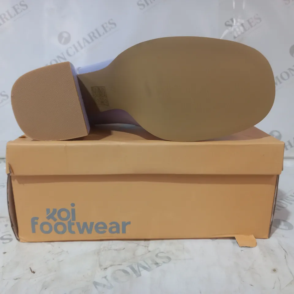 BRAND NEW BOXED PAIR OF KOI VEGAN LEATHER DELIGHTS LILAC SUGAR MULES IN PURPLE UK SIZE 8