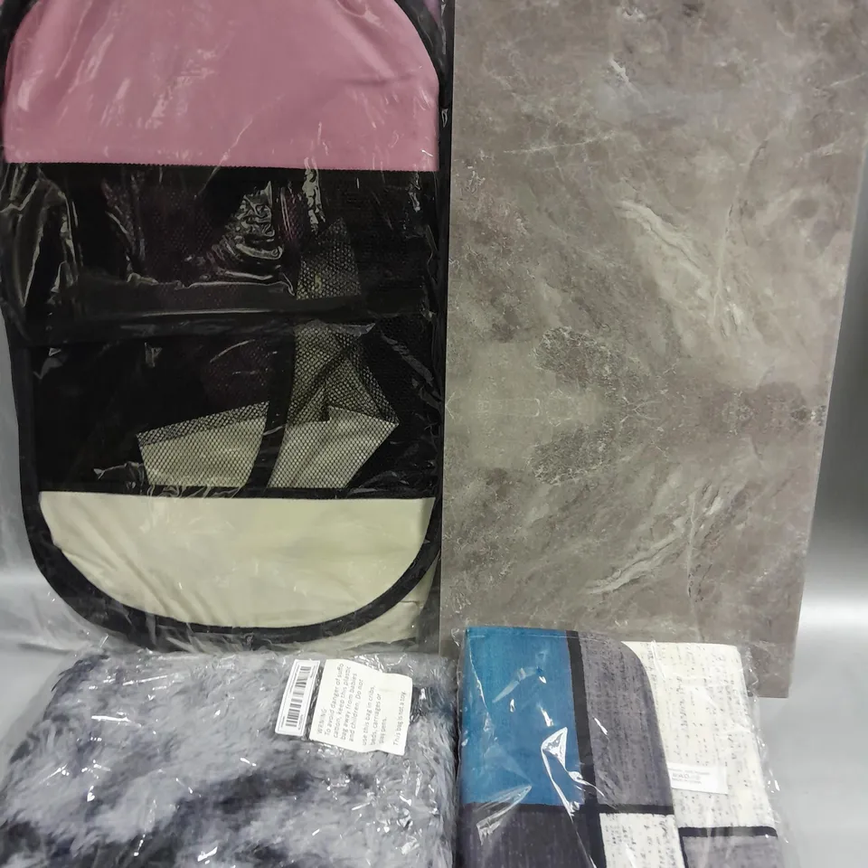 APPROXIMATELY 10 ASSORTED HOUSEHOLD PRODUCTS TO INCLUDE LAUNDRY CONTAINER, STICK ON MARBLE EFFECT PANELS, FLOOR MATS ETC 