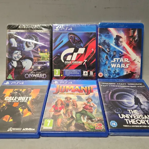 TOTE OF APPROXIMATELY 12 ASSORTED DVD'S & GAMES TO INCLUDE - PS4 JAMANJI THE VIDEO GAME , PS4 CALL OF DUTY BLACK OPS IIII , BLUE RAY THE UNIVERSAL THEORY ETC