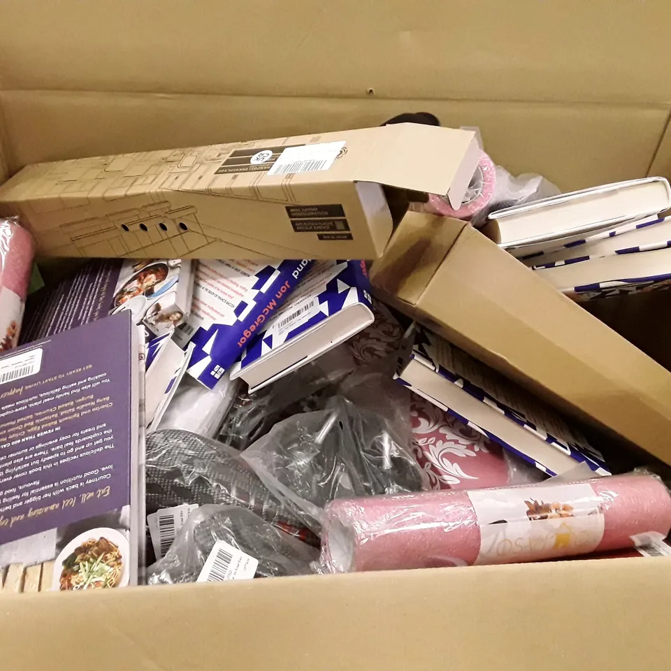 PALLET OF 6 BOXES CONTAINING ASSORTED PRODUCTS INCLUDING MOUSEPAD, LEAN FALL STAND BOOK, 2024 DIARY, DOG BACKPACK, HEADPHONE CARRY CASE, BIKE SEAT