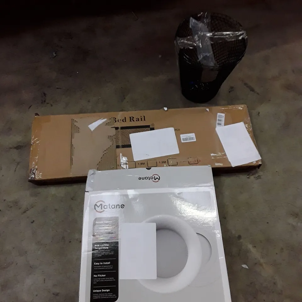 PALLET OF ASSORTED HOUSEHOLD GOODS AND PRODUCT TO INCLUDE; LED CEILING LIGHT, BED RAIL, 3 MINI TRASH CANS, BOXED FURNITURE ETC