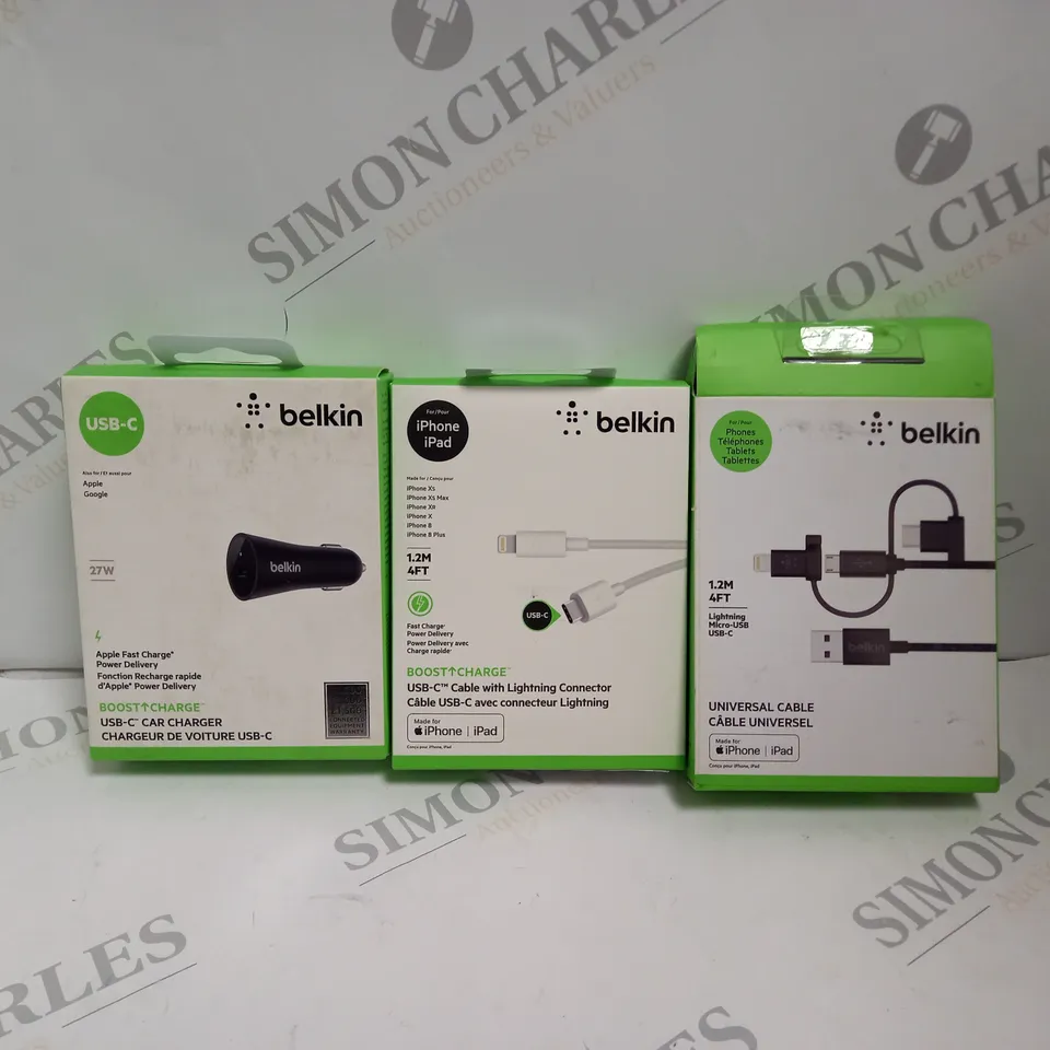 APPROXIMATELY 12 ASSORTED BELKIN PRODUCTS TO INCLUDE USB-C CAR CHARGER, USB-C CABLE, UNIVERSAL CABLE 