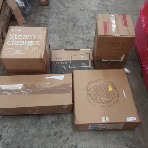PALLET OF ASSORTED ITEMS INCLUDING: ELECTRIC WATER HEATER, STEAM CLEANER, 17 INCH LED TV, KIDS SPINNING CHAIR, KIDS TRICYCLE ECT