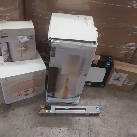 PALLET TO CONTAIN A VERY LARGE QUANTITY OF DESIGNER INDOOR LIGHTING PRODUCTS TO INCLUDE: FLOOR LAMP, OUTDOOR LIGHTS, CEILING LIGHTS, WALL LIGHTS ECT