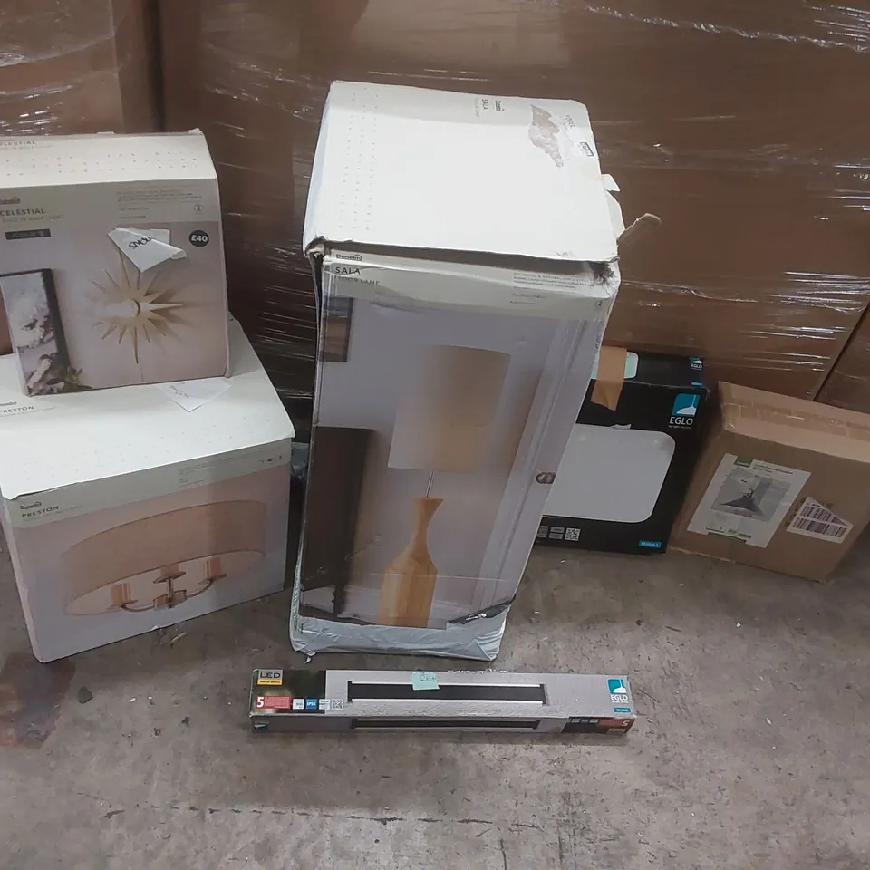 PALLET TO CONTAIN A VERY LARGE QUANTITY OF DESIGNER INDOOR LIGHTING PRODUCTS TO INCLUDE: FLOOR LAMP, OUTDOOR LIGHTS, CEILING LIGHTS, WALL LIGHTS ECT