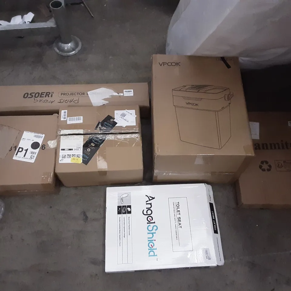 PALLET OF ASSORTED PRODUCTS INCLUDING ANGELSHIELD TOILET SEAT, OFFERING PROJECTOR SCREEN, VPCOK COOLER, FANMITRK, TRADITIONAL KITCHEN SINK FAUCET, FARMHOUSE CHRISTMAS BISCUITS
