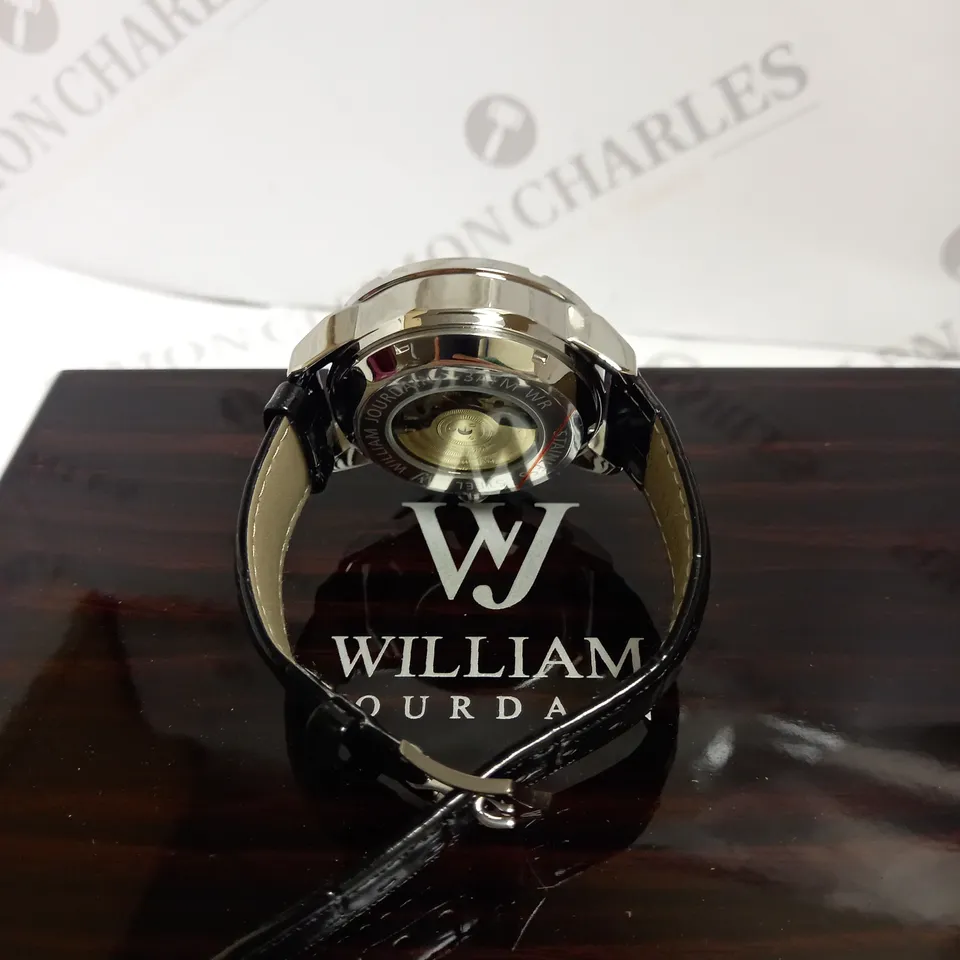 MENS WILLIAM JOURDAIN AUTOMATIC 2580 WATCH – OPEN HEART MOVEMENT WITH SUB DIALS – GLASS EXHIBITION BACK CASE – BLACK GENUINE LEATHER STRAP