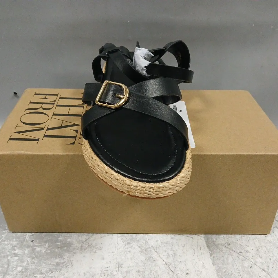 BOXED PAIR OF WHERE'S THAT FROM OPEN TOE STRAPPY SANDALS IN BLACK SIZE UK 8