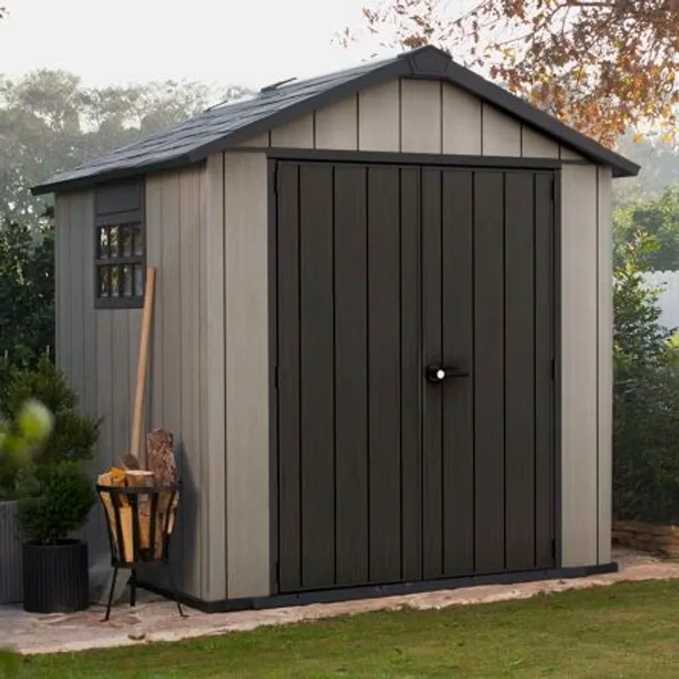 BOXED KETER OAKLAND 7FT W X 7FT D APEX OUTDOOR GARDEN SHED (2 BOXES)