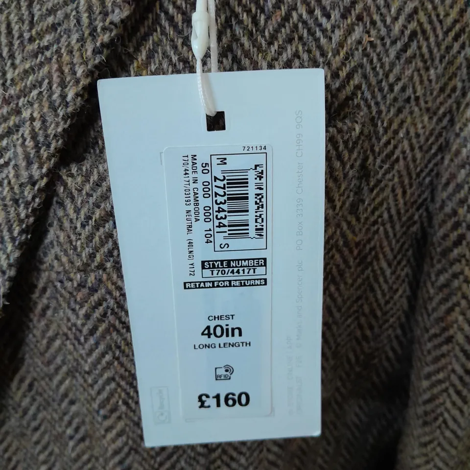 M&S HARRIS TWEED WOOL BROWN BLAZER - 40" LONG