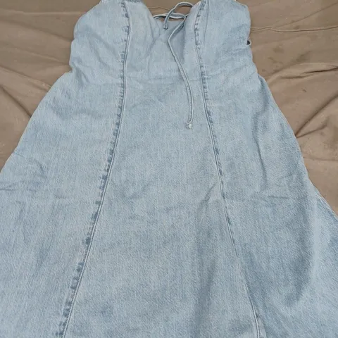 HOLLISTER SQUARE NECK TIE BACK STRUCTURED MINI DRES, DENIM BLUE - UK SIZE M