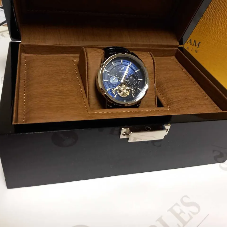 MENS WILLIAM JOURDAIN AUTOMATIC 2580 WATCH – OPEN HEART MOVEMENT WITH SUB DIALS – GLASS EXHIBITION BACK CASE – BLACK GENUINE LEATHER STRAP